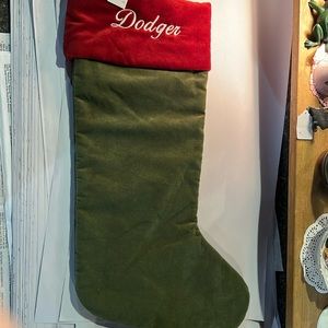 NWT Pottery Barn Personalized “DODGER”Velvet Stocking. Red & green. 24” x 9.5”.